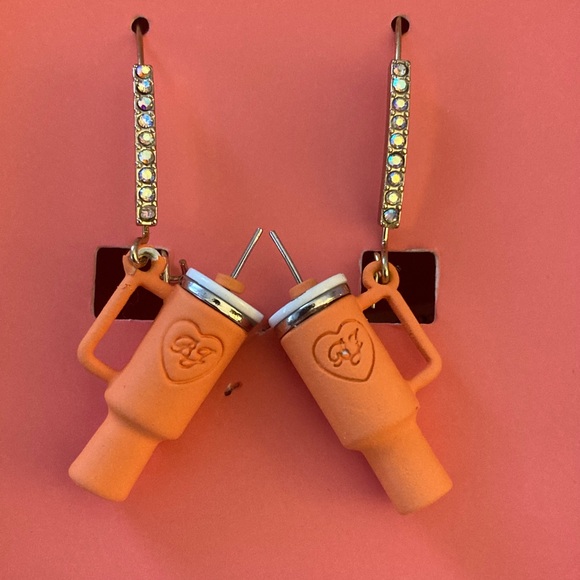 Betsey Johnson NIB Vibrant Orange Stanley Coffee Cup Dangle Earrings - Picture 3 of 7